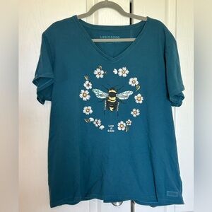 Life Is Good Teal Short Sleeve Tee with Bee and Floral Inspirational Patch XXL